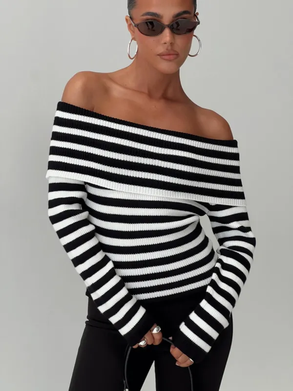 Danyel Off The Shoulder Sweater Black / White Stripe sold by Princess Polly