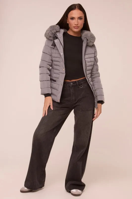 Grey Faux Fur Hooded Puffer Jacket - Glory sold by Rebellious Fashion
