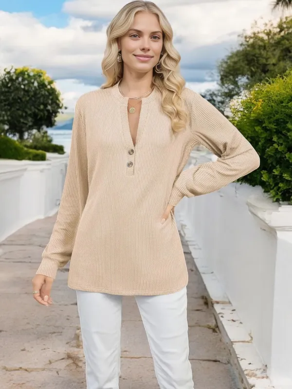 Anna-Kaci Women's Long Sleeve Henley Top with Ribbed Texture and Button Detail sold by Anna-Kaci