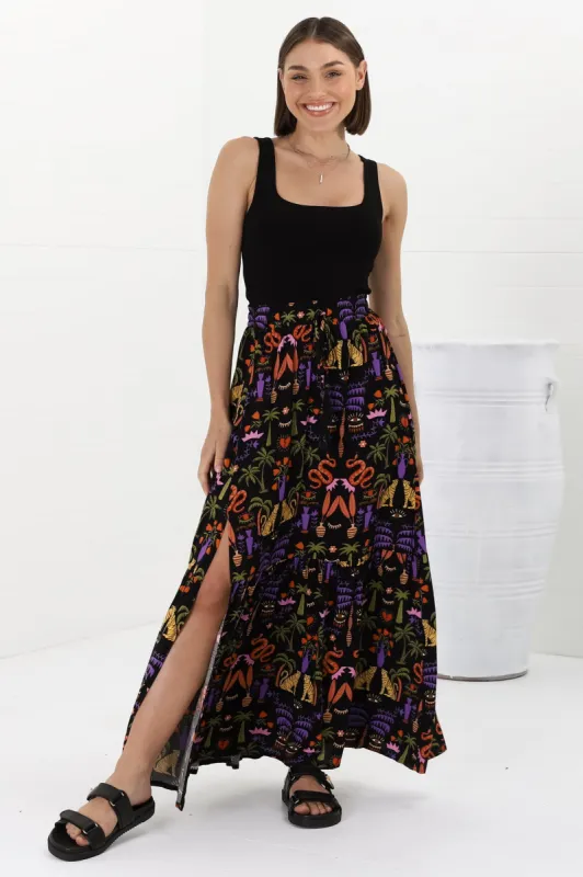 Hellen Maxi Skirt - High Waisted Skirt with Front Splits in Ayla Print Black sold by Salty Crush