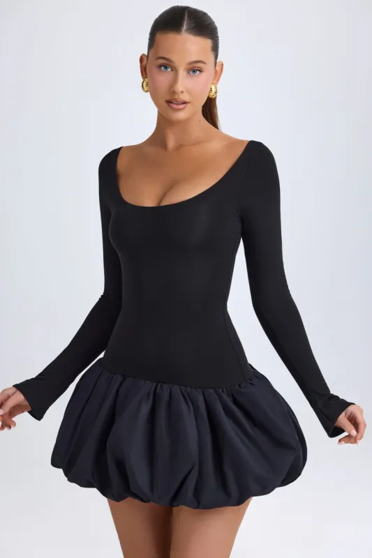 Scoop-Neck Drop-Waist Bubble Hem Mini Dress in Black sold by Oh Polly