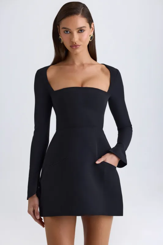Square-Neck Structured Tulip Mini Dress in Black sold by Oh Polly