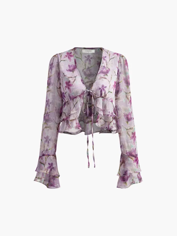 Printed Chiffon Ruffle Tie Front Blouse sold by COMMENSE