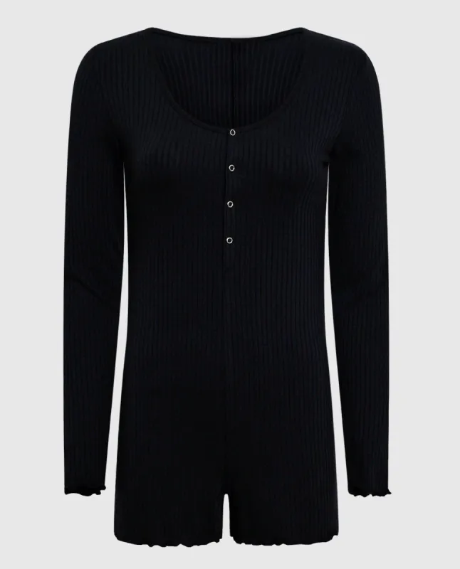 Long Sleeve Ribbed Onesie in Smoulder Black sold by La SENZA