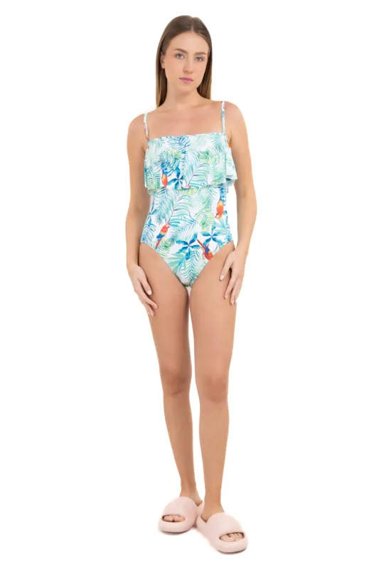 Traje de baño olán estampado tropical sold by Shasa
