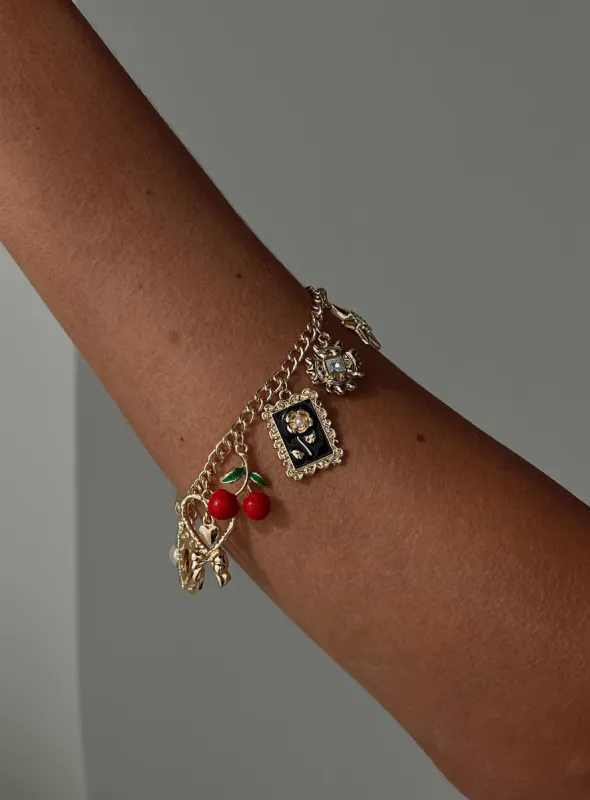 Cherry Dreams Charm Bracelet Gold sold by Princess Polly
