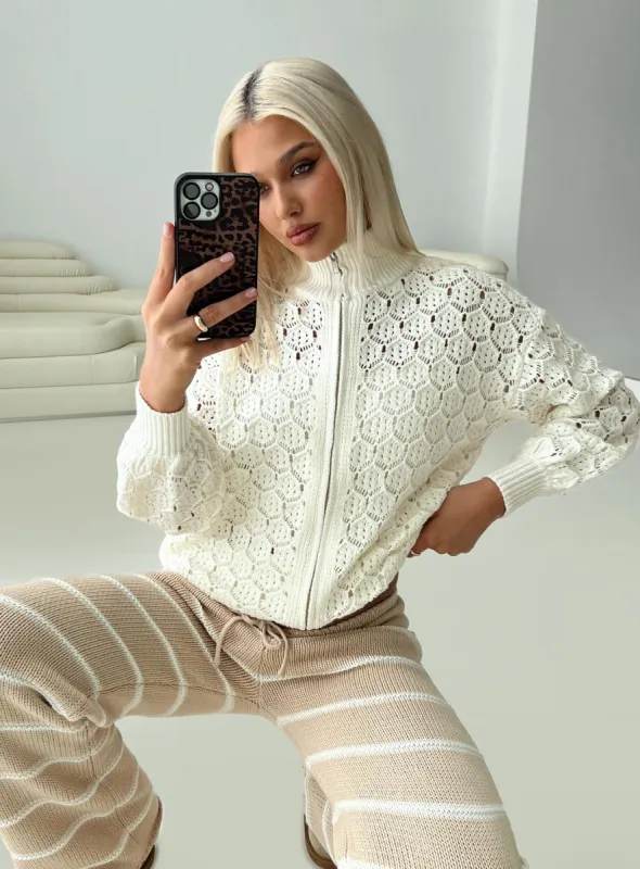 Sirena Zip Through Knit Sweater Cream sold by Princess Polly