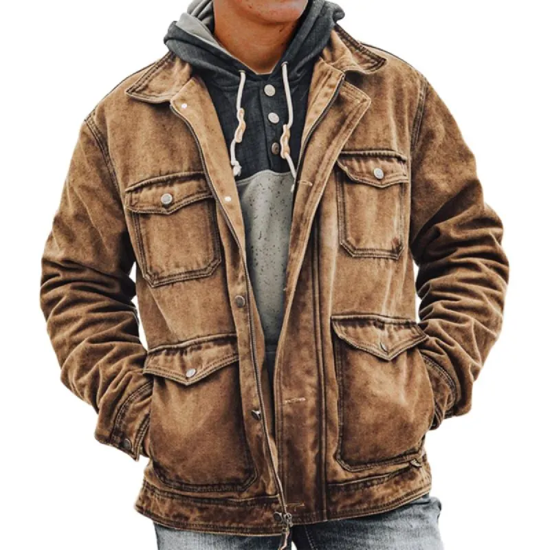 Men's Retro Casual Washed Multi-Pocket Lapel Daddy Jacket 35419900TO sold by Manly