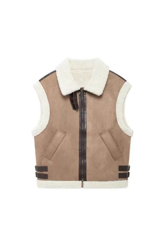 'Emery' Minimalist Collared Sleeveless Quilted Sherpa Vest sold by Goodnight Macaroon