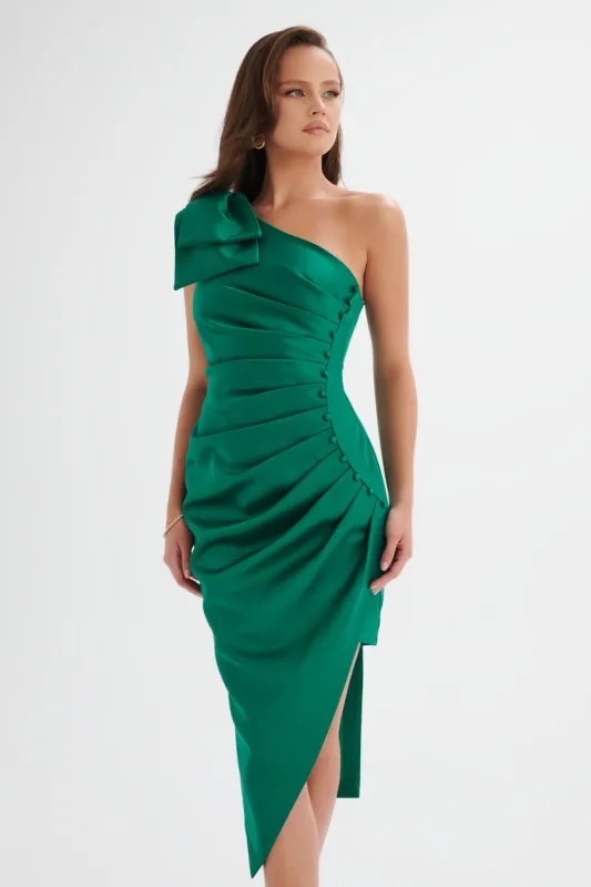 HOLLY Bonded Satin Bow Shoulder Wrap Midi Dress in Emerald Green sold by Lavish Alice