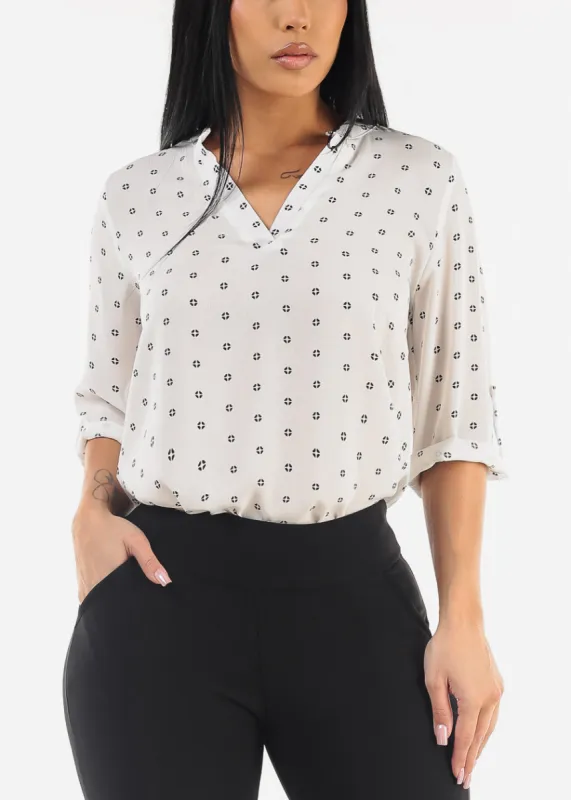 White Quarter Sleeve V-Neck Printed Blouse sold by Moda