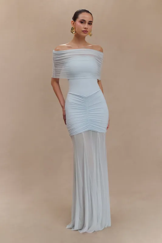 Caspian Slinky And Mesh Off Shoulder Maxi Dress - Pale Blue sold by Meshki