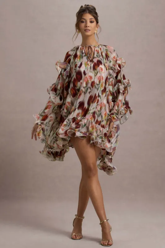 Abelia | Cream Floral Print High-Neck Cape-Sleeve Chiffon Mini Dress sold by Club L London
