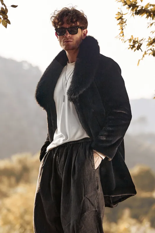 Black Luxury Faux Fur Winter Long Men's Coat with Long Sleeves sold by Zapaka