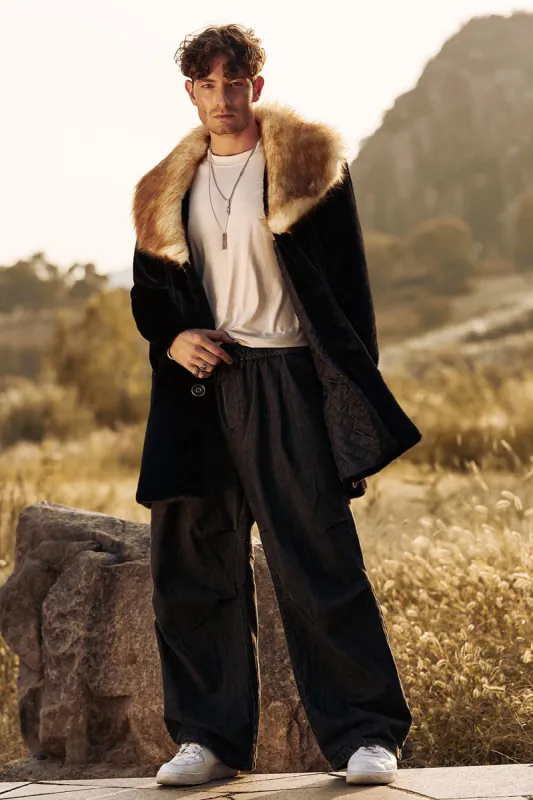 Fluffy Black Shawl Lapel Faux Fur long Men's Coat sold by Zapaka