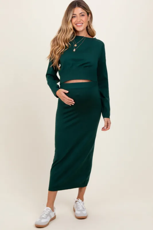 Forest Green Knit Midi Skirt Sweater Maternity Set sold by Pinkblush