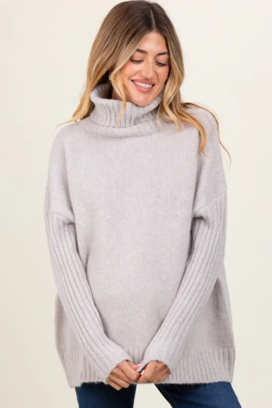 Light Grey Contrast Ribbed Knit Turtleneck Maternity Sweater sold by Pinkblush