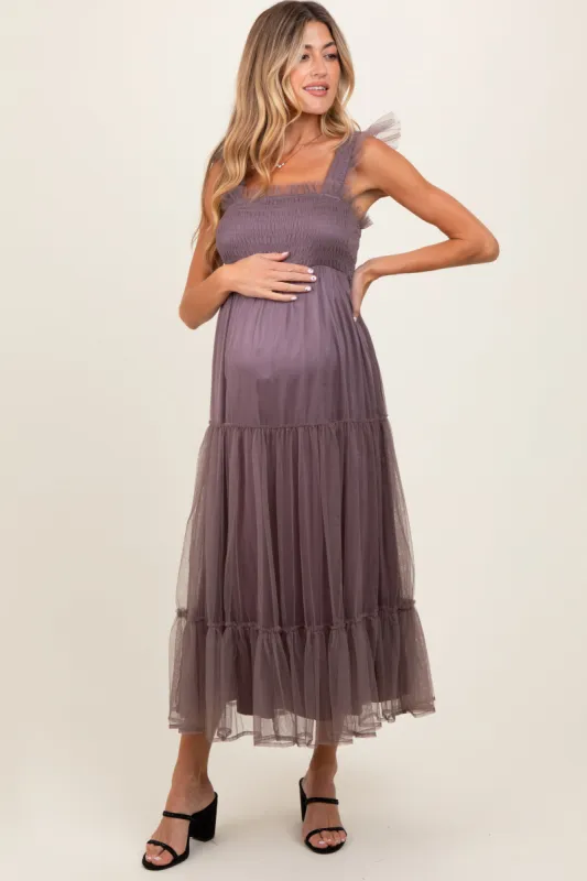 Mauve  Mesh Overlay Smocked Maternity Midi Dress sold by Pinkblush