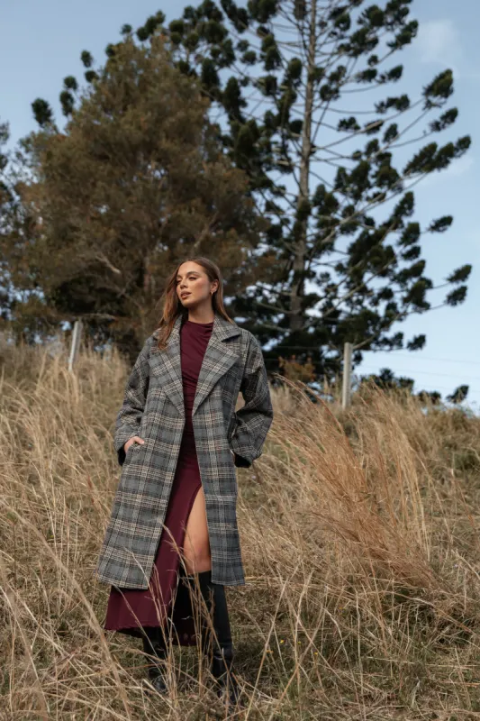 Torie Waist Tie Long Coat - Grey Check sold by Petal & Pup