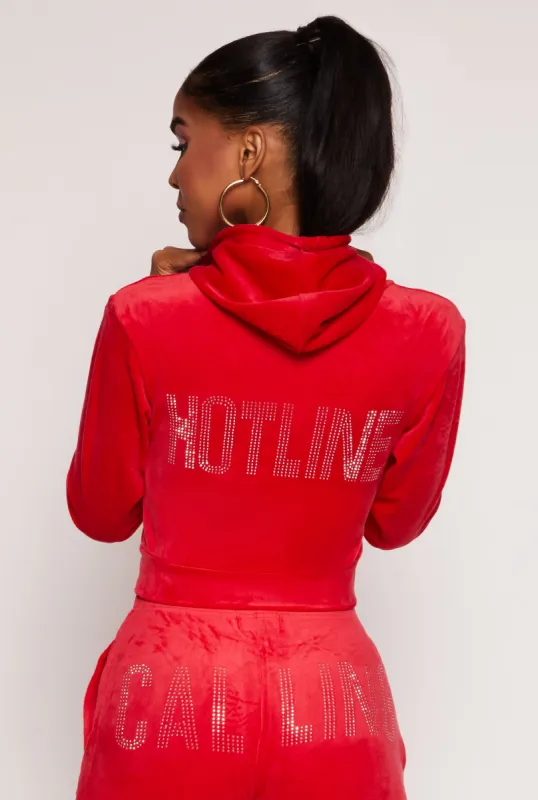 Velour Hotline Rhinestone Zip Front Hoodie sold by Rainbow