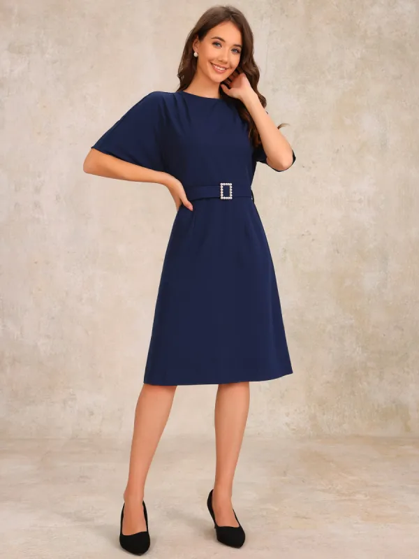 Short Sleeves Crew Neck Belted A-Line Midi Dress sold by Allegra K