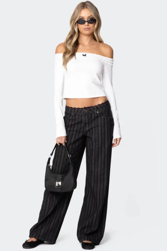 Lace Trim Striped Low Rise Jeans sold by Edikted