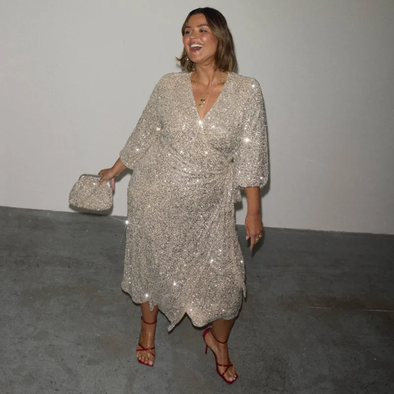 Silver Sequin Kira Wrap Dress Petite sold by Never Fully Dressed