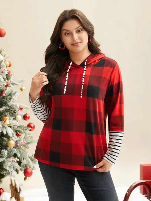 Plaid Hooded Drawstring Straight Fit Tee sold by Bloomchic
