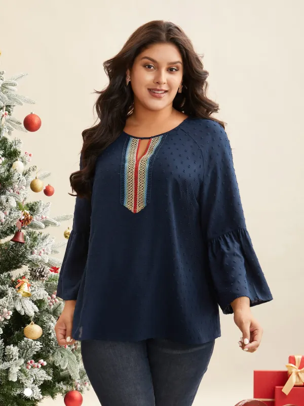 Textured  Embroidered Neckline A-Line Blouse sold by Bloomchic