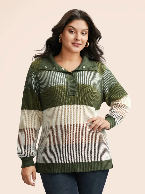 Polo Neck Texture Contrast Button Up Pullover sold by Bloomchic