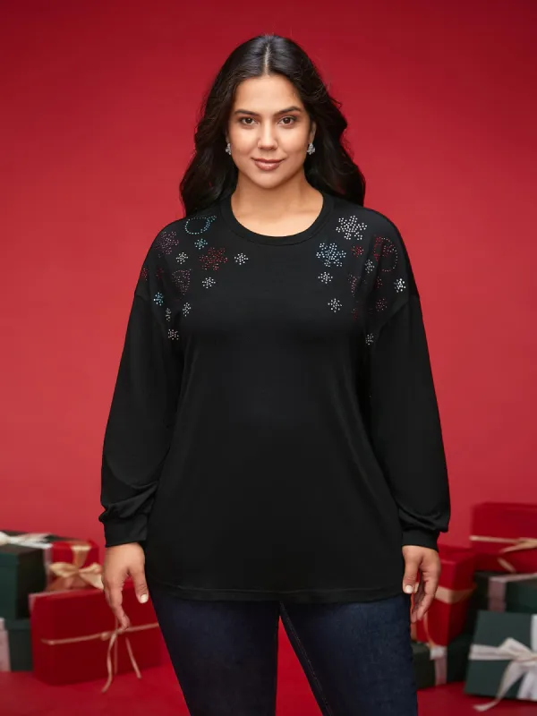 Rhinestone Embellished Shoulder Round Neck Tee sold by Bloomchic