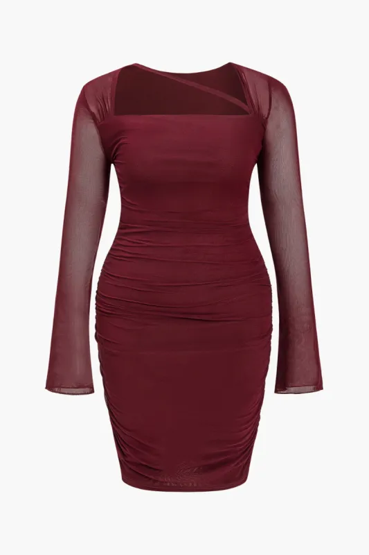 Plus Size Solid Mesh Sheer Ruched Square Neck Mini Dress sold by Micas
