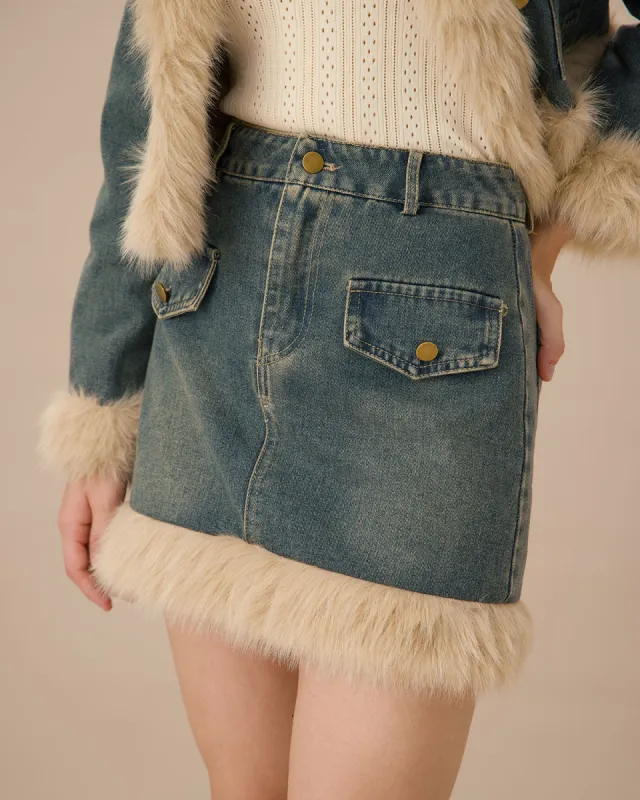 Blue Fur Trim A-Line Mini Skirt sold by rihoas