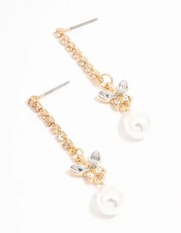 Gold Cup Chain Diamante Butterfly & Pearl Drop Earrings sold by lovisa