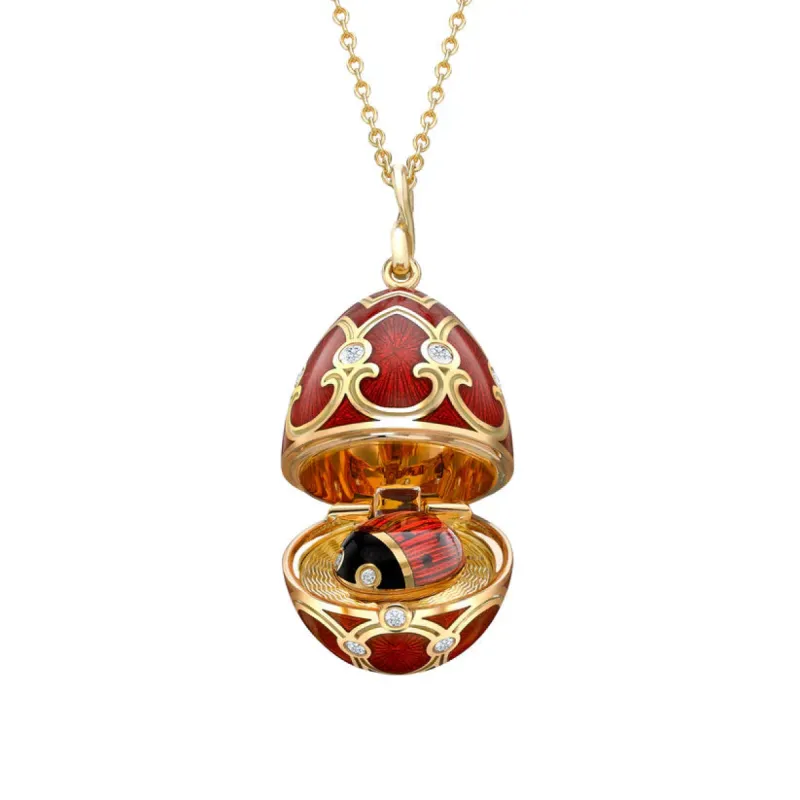 Faberge Heritage Yellow Gold Diamond Red Guilloche Enamel Ladybird Surprise Locket sold by C.W. Sellors