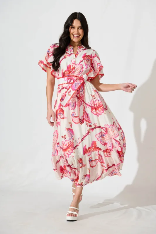 Yuki Midi Dress in White with Pink Floral sold by St Frock