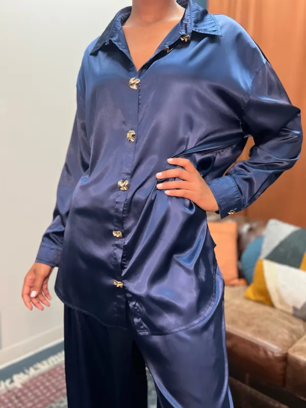 Sea Blouse Navy Blue Silk Satin Blouse With Gold Buttons sold by Folklore Shop