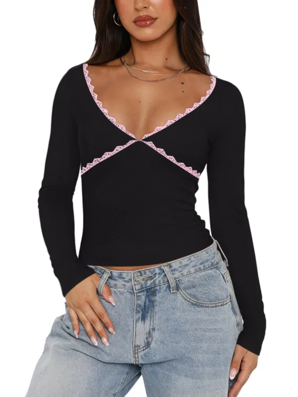 Crisscross Lace V-Neck Slim-Fit Long Sleeve Top sold by ReoRia