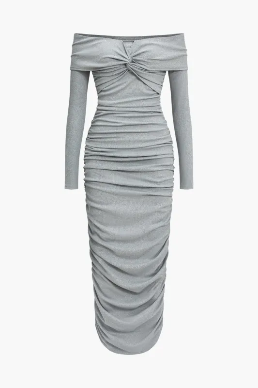 Solid Off Shoulder Ruched Maxi Dress sold by Micas