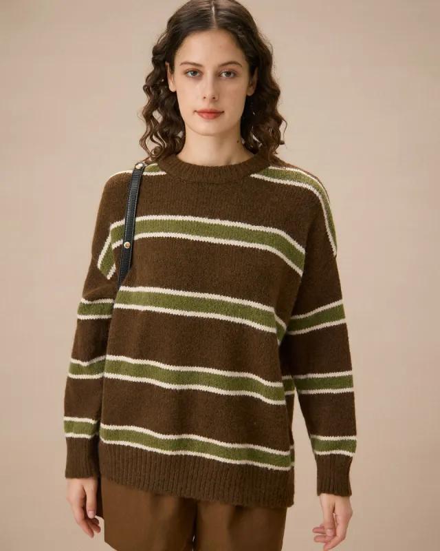 Brown Drop Shoulder Striped Sweater sold by rihoas