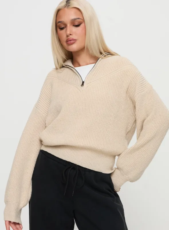 Fireheart Zip Through Knit Sweater Beige sold by Princess Polly