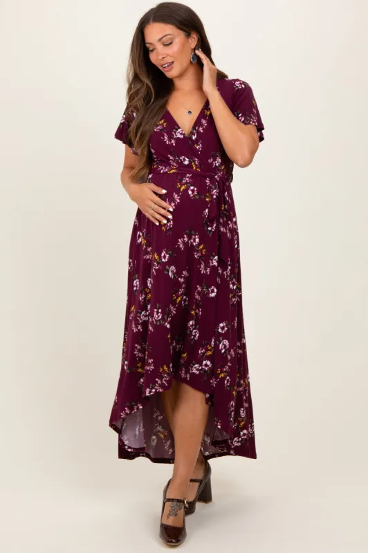 Burgundy Floral Short Sleeve Wrap Hi-Low Maternity Maxi Dress sold by Pinkblush