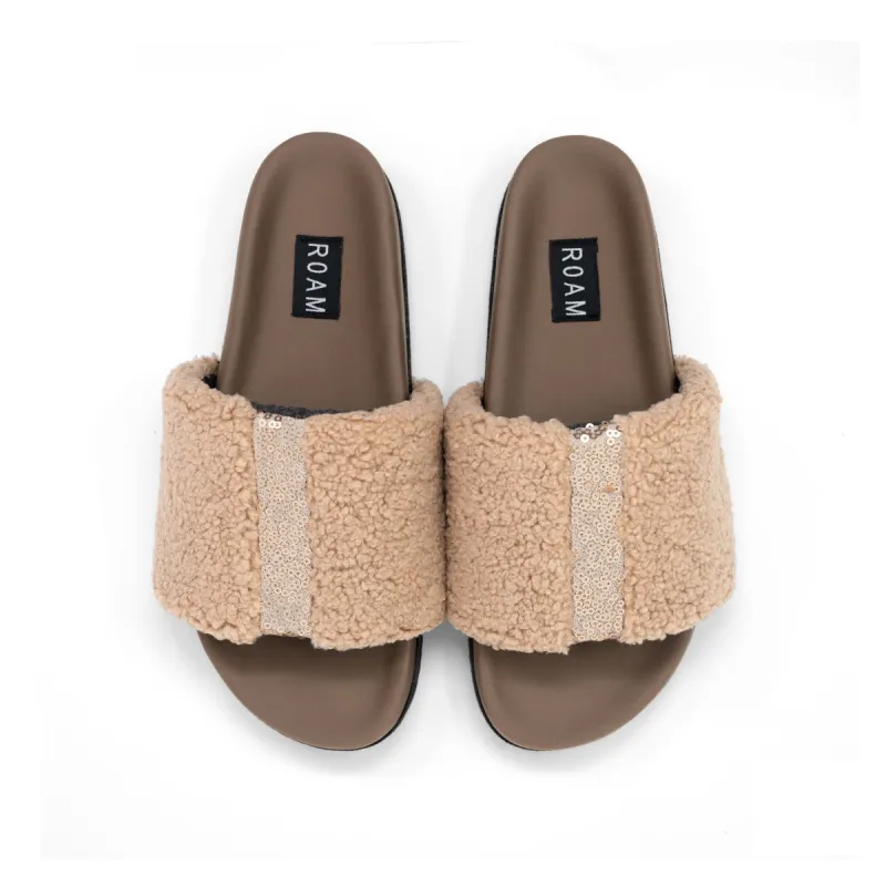 ROAM FUZZY PAILLETTE SLIDER BEIGE FAUX SHEARLING sold by ROAM