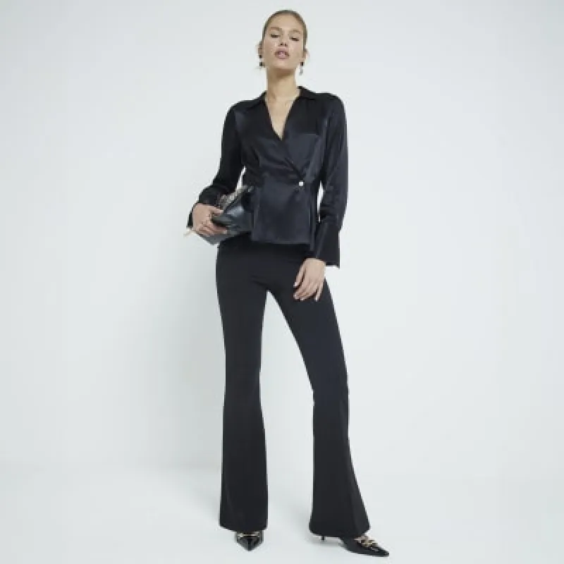 Black Satin Button Wrap Blouse sold by River Island