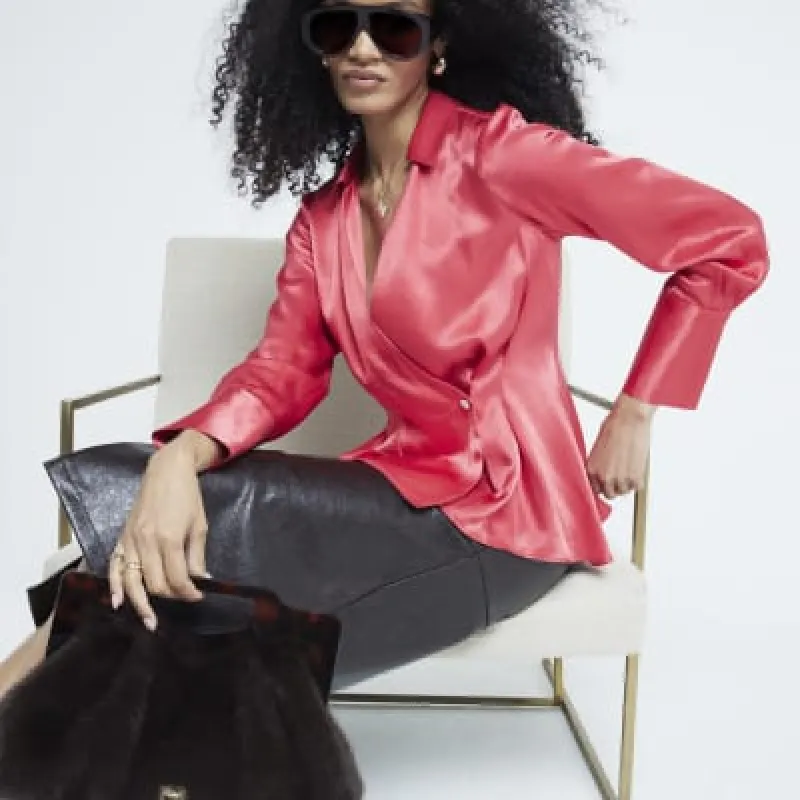 Red Satin Button Wrap Blouse sold by River Island