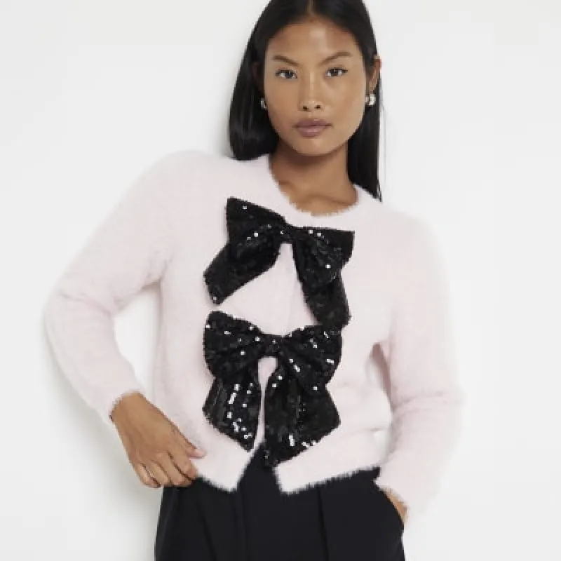 Petite Pink Sequin Bow Cardigan sold by River Island