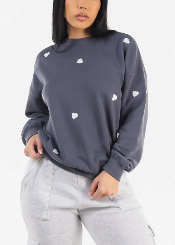 Long Sleeve Crewneck Fleece Sweatshirt Slate Blue "Hearts" sold by Moda
