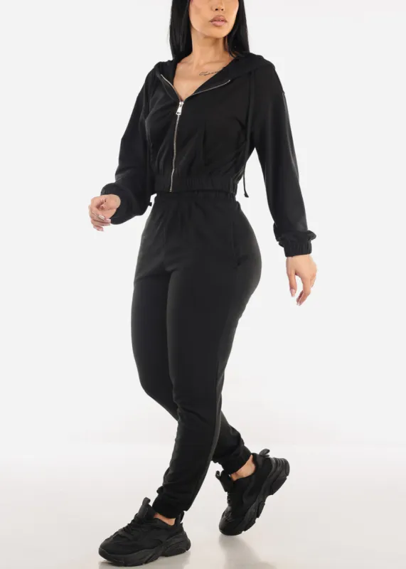Black Cropped Zip Up Hoodie & Jogger Pants (2 PCE SET) sold by Moda