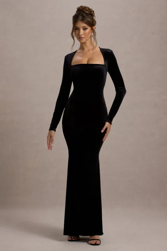 Morana | Black Velvet Square-Neck Long-Sleeve Maxi Dress sold by Club L London