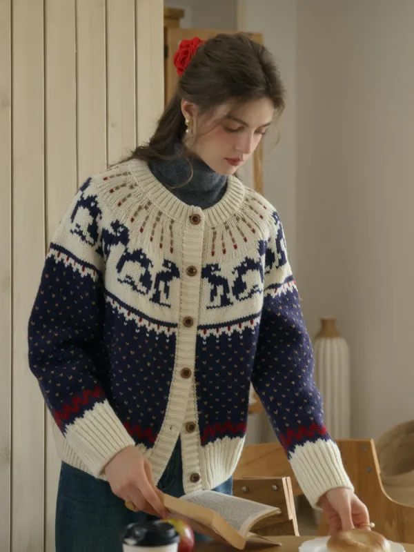 Artemis Round Neck SR Exclusive Penguin Design Fair Isle Wool Cardigan - Blue sold by Simple Retro